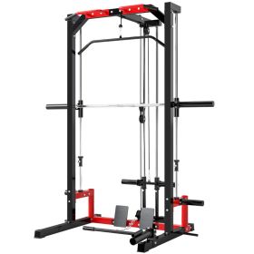 Smith Machine Power Rack with Pull Up Bar, Lat Pull Down System, Landmine, Squat Rack, Barbell Bar, for Home Gym (Option: Black, Red-2080x240x75 mm)