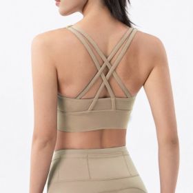 Nylon Top Women Bra Sexy Top Woman Breathable Underwear Women Fitness Yoga Sports Bra For Women Gym 22 Colors (Color: khaki, size: L)